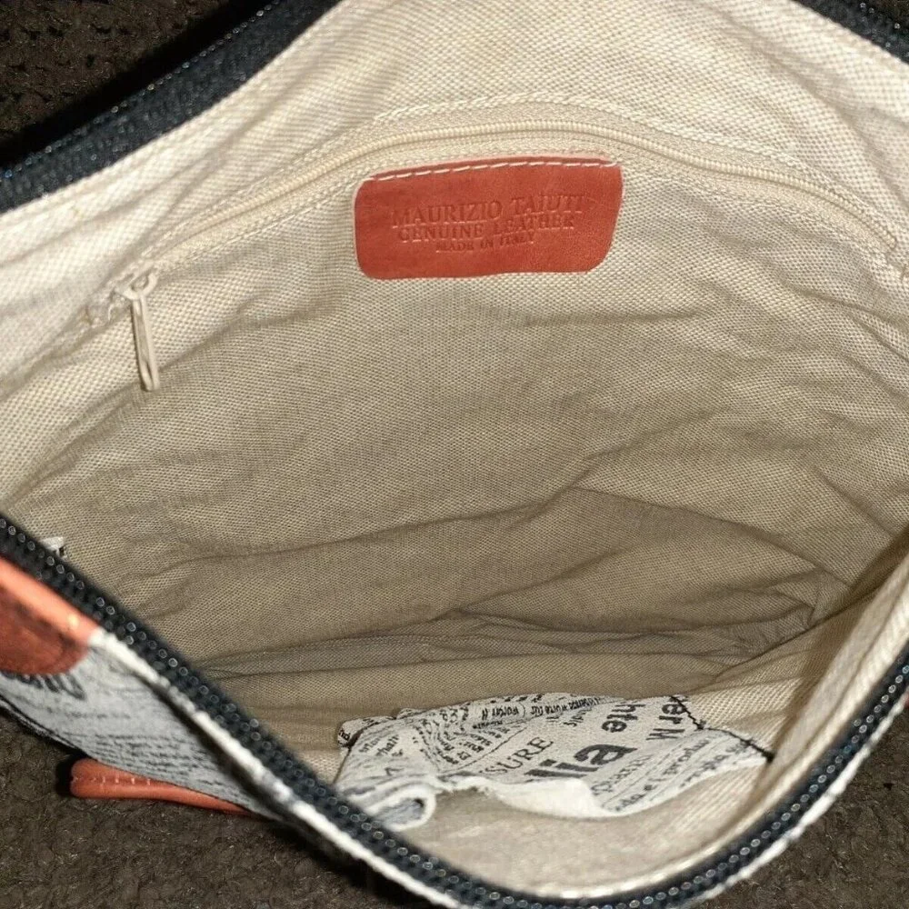 MAURIZIO TAIUTI-ITALY Orange Leather Crossbody-Newspaper Print-Near Mint - Picture 6 of 7
